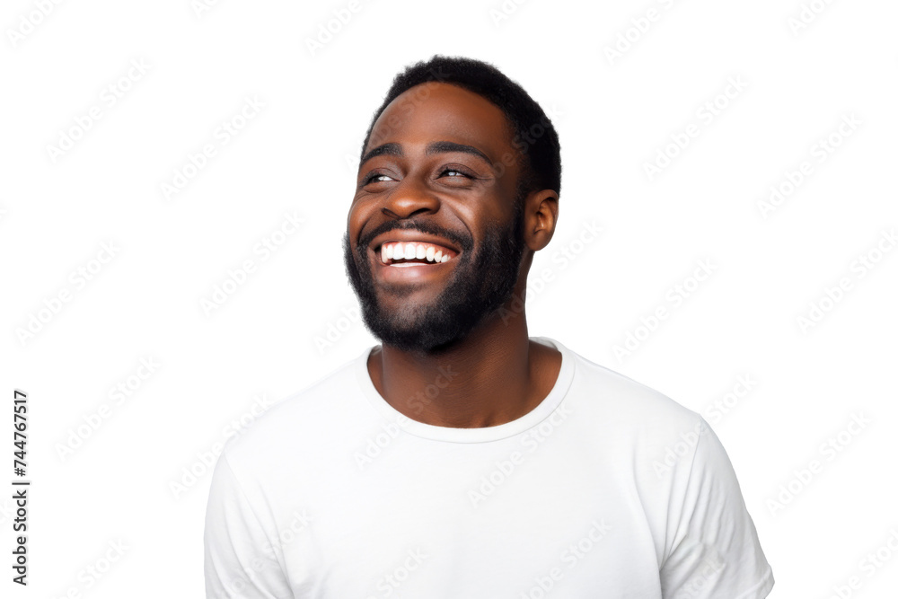 Studio portrait of Handsome African-American man with clean healthy skin and happy smile isolated on transparent png background.