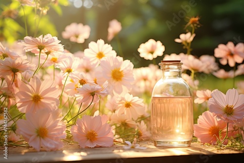 Stunning image of pink cosmos flowers and a bottle of essential oil, set against a backdrop of lush green leaves under bright sunlight. Ideal for various uses like print, web, and advertising.