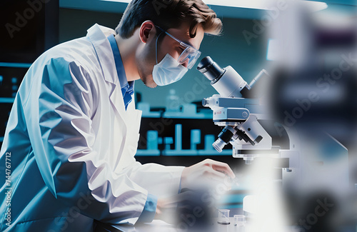 A scientist holding microscope and examining a specimen in a research laboratory or doing chemical experiments. photo