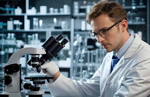 A scientist holding microscope and examining a specimen in a research laboratory or doing chemical experiments. photo