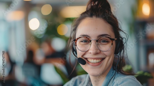Portrait of a Caucasian female customer service representative smiling and wearing a headset