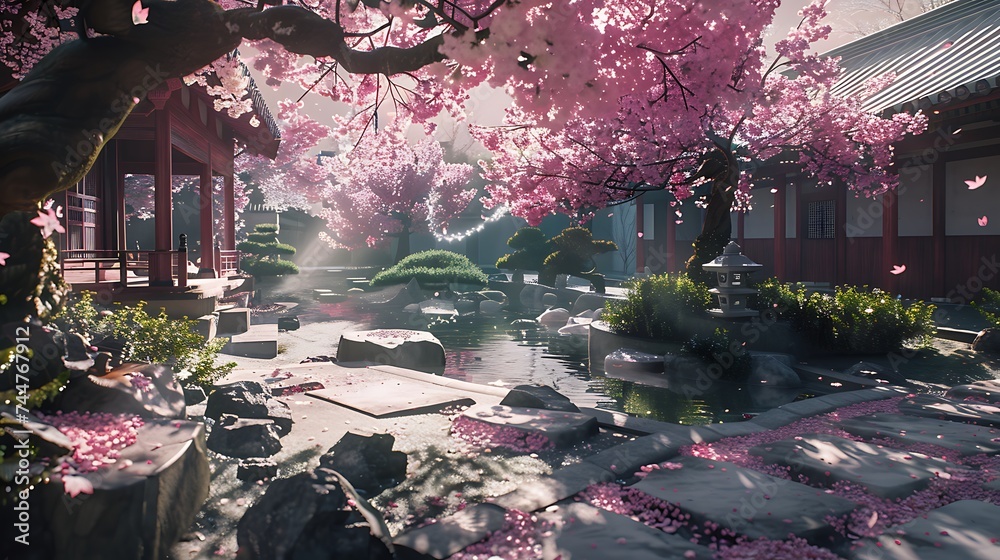 A tranquil Japanese garden hidden away amidst the hustle and bustle of the city, where cherry blossoms bloom in a riot of pink and white. The air is heavy with the scent of incense and the sound 
