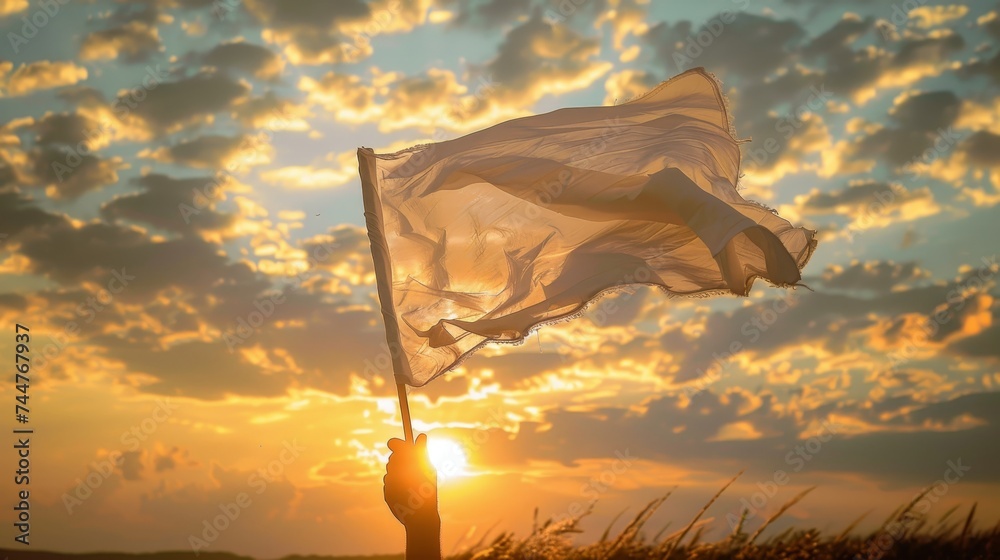 Person holding up a white flag at sunset, concept of peace - obrazy, fototapety, plakaty 