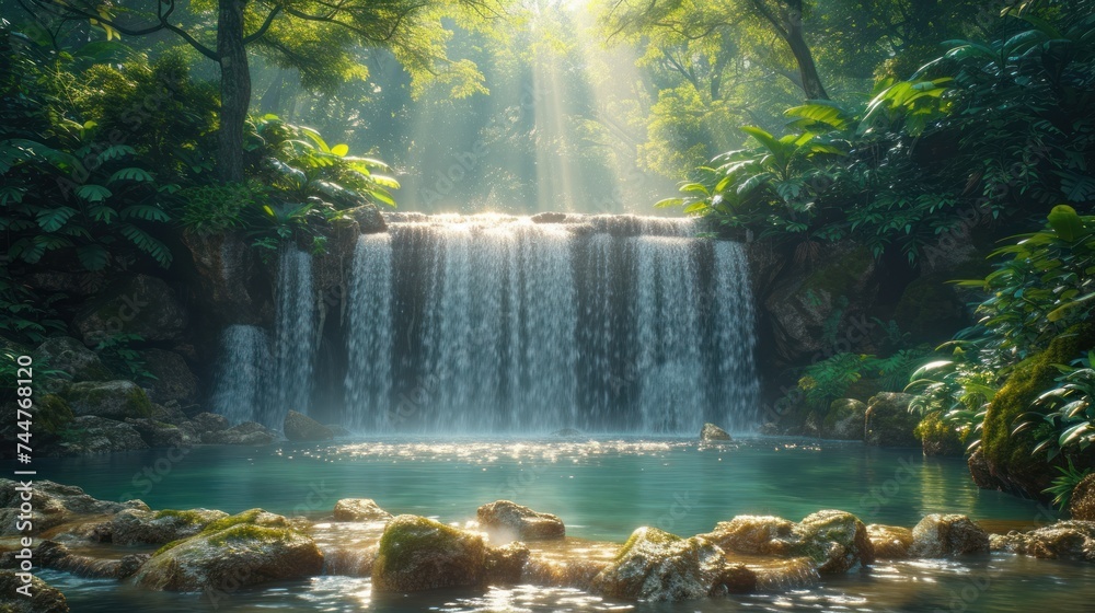  a large waterfall in the middle of a forest filled with lots of green plants and a bright beam of light coming from the top of the waterfall into the water.