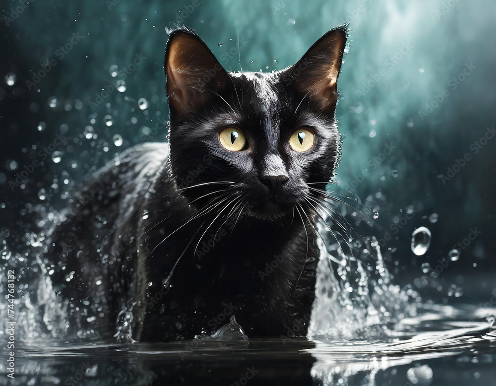 black cat standing in water and drops, dark background, illustration