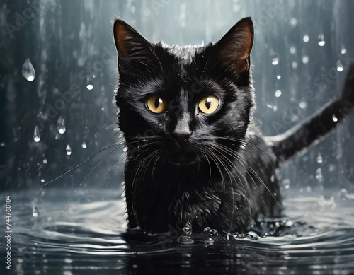 black cat standing in water and drops, dark background, illustration