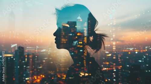 Double Exposure Portrait of a Woman Silhouette with Cityscape at Sunset