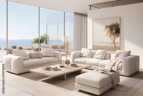 Luxurious beachfront living room with floor-to-ceiling windows offering breathtaking views of the ocean  stylish contemporary furniture  elegant decor  and an abundance of natural light