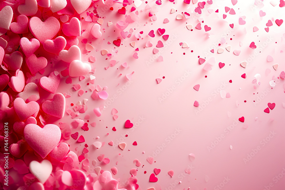Shower of Pink Hearts on a Soft Blush Background, created with Generative AI technology.