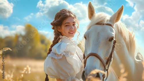 A blonde woman stands near a white horse and enjoys life.