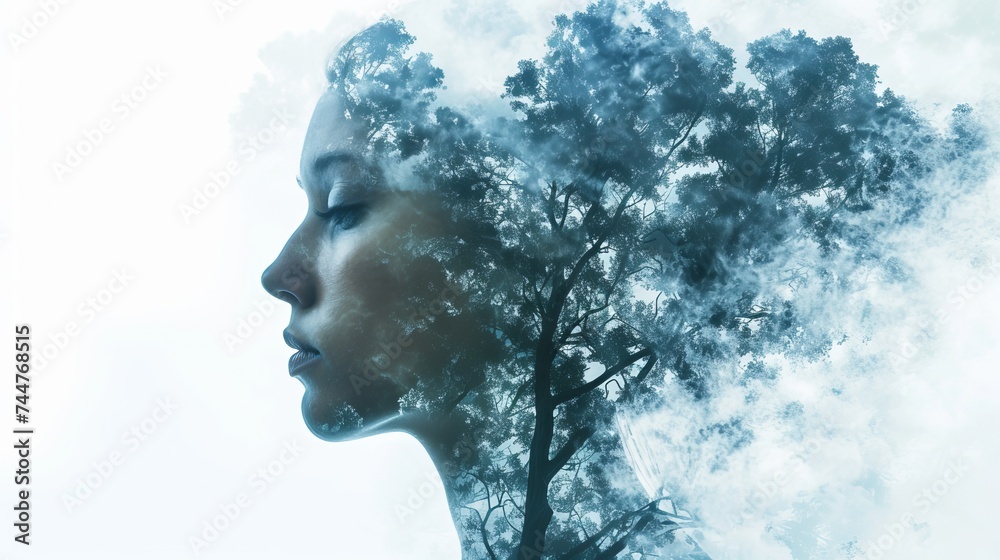 Mystical Double Exposure Portrait of a Woman with Winter Trees in Blue Monochrome Mystical Double Exposure Portrait of a Woman with Winter Trees in Blue Monochrome