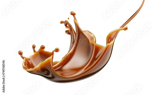 liquid caramel sauce digitally made, glossy, floating wave, in motion, white background