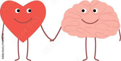 Vector characters in flat style. Brain and heart as a symbol of the balance of feelings and mind.