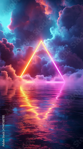 Neon Triangle Illuminating a Mystical Lake at Dusk  created with Generative AI technology