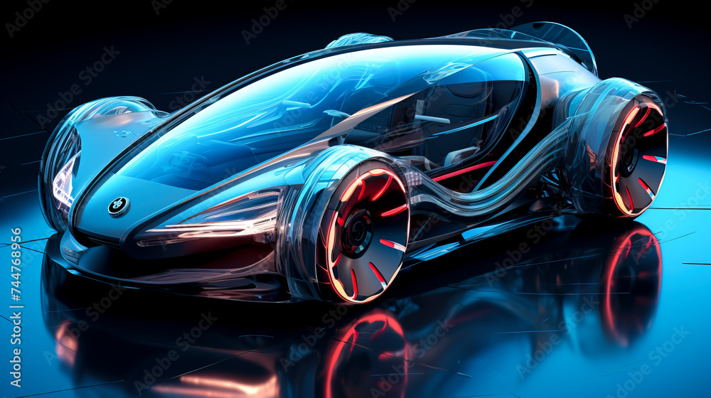 Sleek Autonomous Concept Car with Neon Accents Reflecting on Wet Ground, created with Generative AI technology