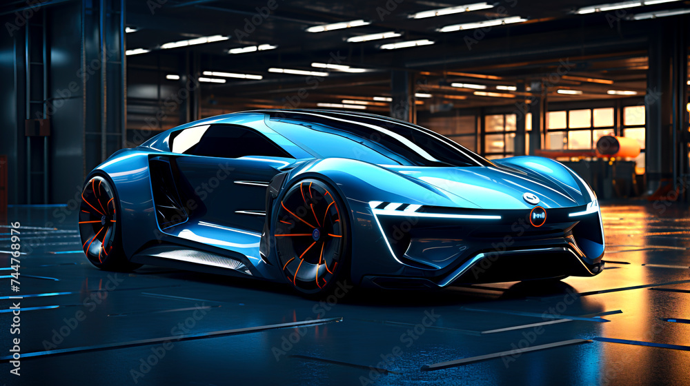 Fototapeta premium Sleek Autonomous Concept Car with Neon Accents Reflecting on Wet Ground, created with Generative AI technology