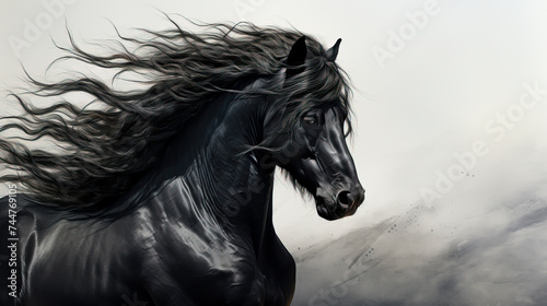 Majestic Black Stallion with Flowing Mane, created with Generative AI technology