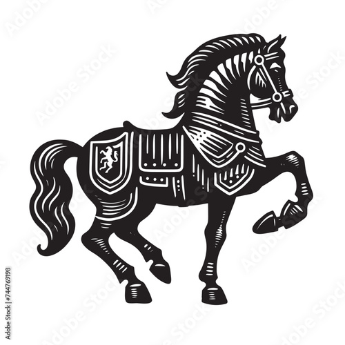 Medieval knight's horse in iron armor.  Vintage retro engraving illustration. Black icon, isolated element	