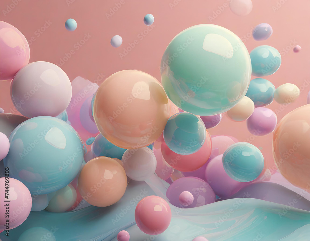 Three dimensional render of pastel colored bubbles floating against pink background, 3D render Three dimensional render of pastel colored bubbles floating against pink background, 3D render