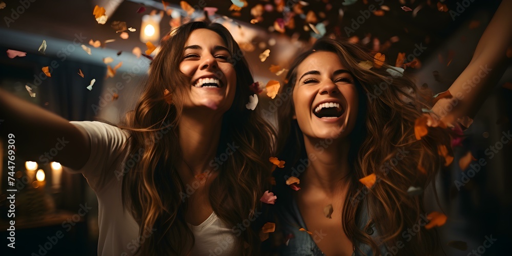 Women joyfully tossing confetti celebrating outdoors on a terrace at night. Concept Nighttime Celebration, Confetti Toss, Terrace Party, Joyful Women, Outdoor Photography - obrazy, fototapety, plakaty 