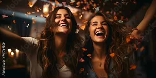 Women joyfully tossing confetti celebrating outdoors on a terrace at night. Concept Nighttime Celebration, Confetti Toss, Terrace Party, Joyful Women, Outdoor Photography