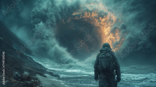 a man standing on top of a beach next to a giant wave in the ocean with a giant black object in the middle of the ocean in the middle of the middle of the picture.
