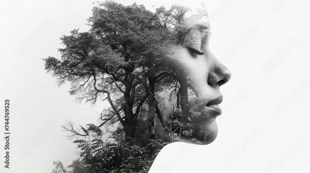 Striking Black and White Double Exposure of a Woman's Silhouette Merged with a Majestic Tree Striking Black and White Double Exposure of a Woman's Silhouette Merged with a Majestic Tree
