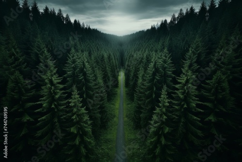 The road is surrounded by tall pine trees and the sky is dark and mysterious. The image has a dark and mysterious atmosphere and is perfect for use as a background for a horror or mystery novel. © katrin888