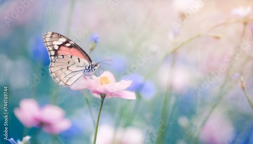beautiful wildflowers butterfly in the dreamy meadow delicate pink and blue colors pastel toned shallow depth macro background nature floral springtime