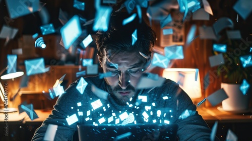 Man overwhelmed with email notifications, information overload, digital stress