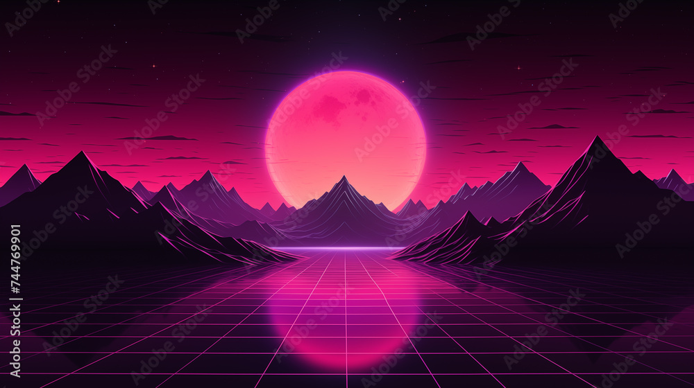 Futuristic retro landscape of the 80`s. Futuristic illustration of sun with mountains in retro style. Digital Retro Cyber Surface. Suitable for design in the style of the 1980`s.

