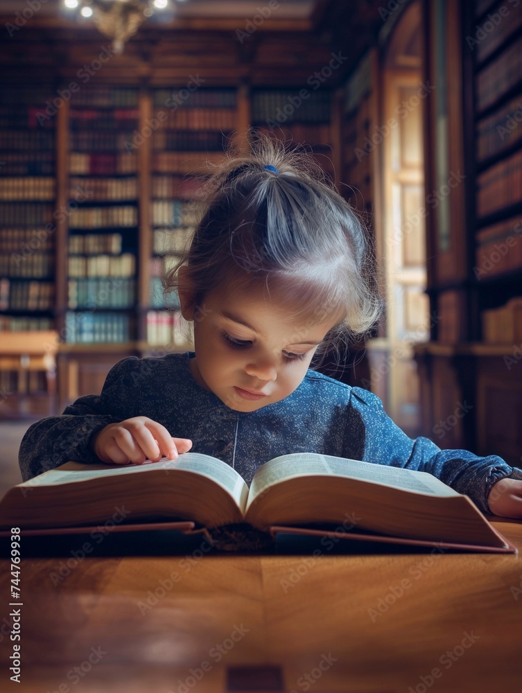 Children reading books in the library with beautiful lights generative ai illustration art