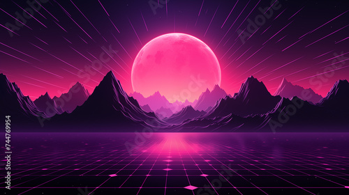 Futuristic retro landscape of the 80`s. Futuristic illustration of sun with mountains in retro style. Digital Retro Cyber Surface. Suitable for design in the style of the 1980`s.