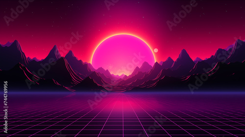 Futuristic retro landscape of the 80`s. Futuristic illustration of sun with mountains in retro style. Digital Retro Cyber Surface. Suitable for design in the style of the 1980`s.