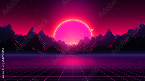 Futuristic retro landscape of the 80`s. Futuristic illustration of sun with mountains in retro style. Digital Retro Cyber Surface. Suitable for design in the style of the 1980`s.   © acid2728k