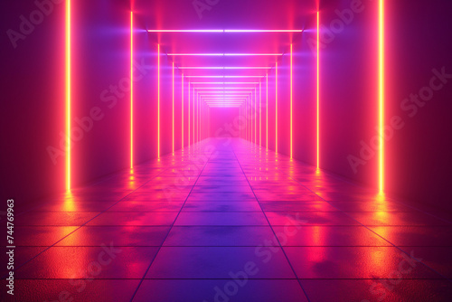 Empty dark space with neon lights. Abstract dark background. 3d illustration.