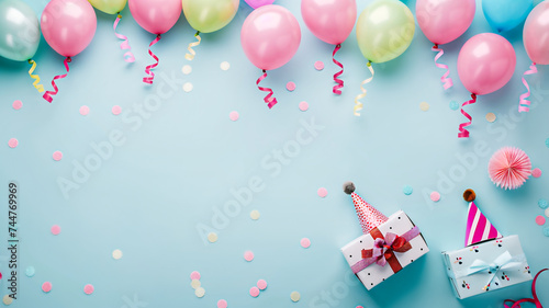Birthday party decorations, balloon, hat and gift boxes