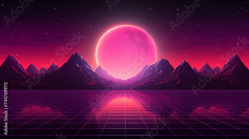 Futuristic retro landscape of the 80 s. Futuristic illustration of sun with mountains in retro style. Digital Retro Cyber Surface. Suitable for design in the style of the 1980 s.  