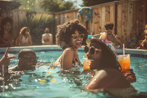 Pool Party: Friends laughing and splashing in a sparkling pool, enjoying refreshing drinks, the summer vibes under the warm sun. photo