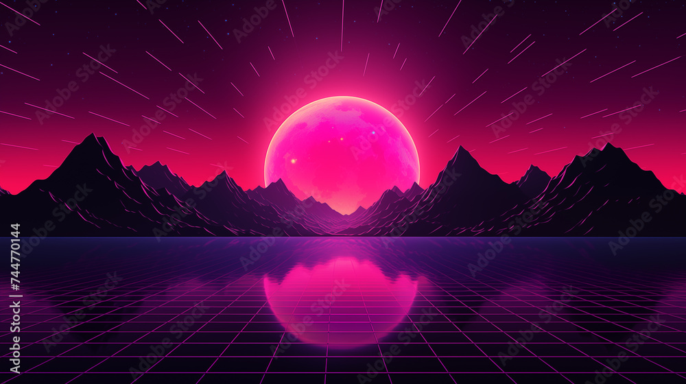 Futuristic retro landscape of the 80`s. Futuristic illustration of sun with mountains in retro style. Digital Retro Cyber Surface. Suitable for design in the style of the 1980`s.

