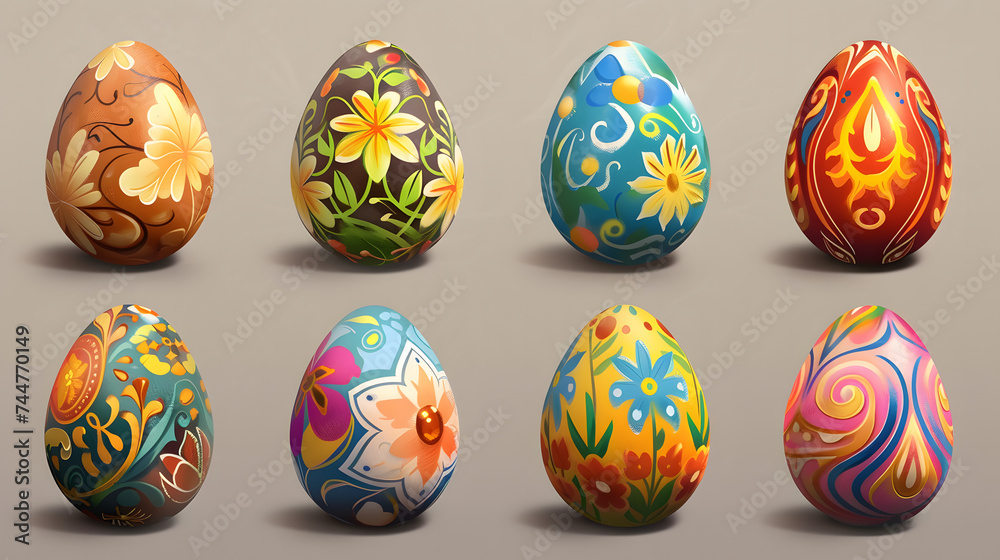 Set of painted easter eggs with floral handmade ornament. Set of painted easter eggs with floral handmade ornament.