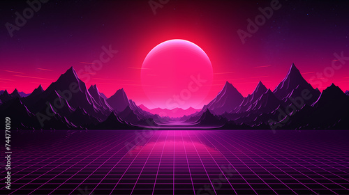 Futuristic retro landscape of the 80`s. Futuristic illustration of sun with mountains in retro style. Digital Retro Cyber Surface. Suitable for design in the style of the 1980`s.


