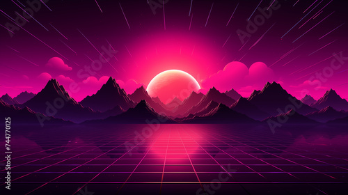 Futuristic retro landscape of the 80 s. Futuristic illustration of sun with mountains in retro style. Digital Retro Cyber Surface. Suitable for design in the style of the 1980 s.  