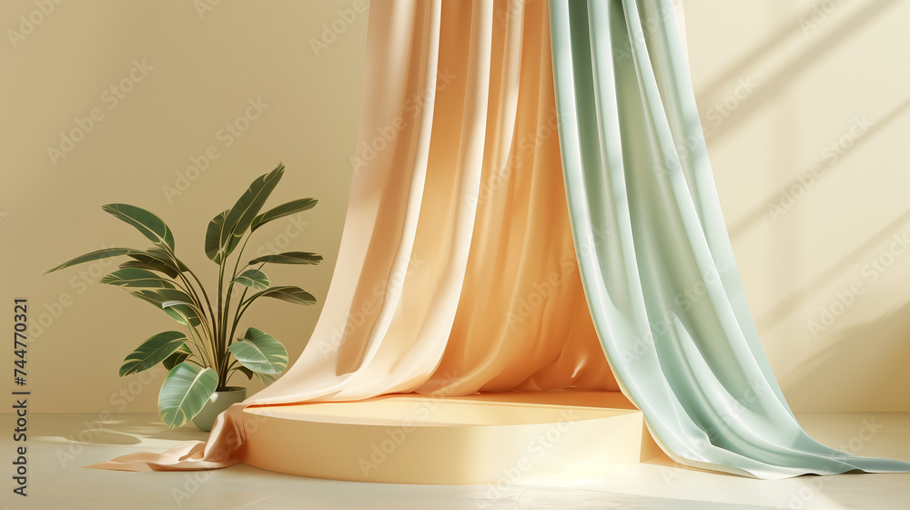 3D display podium with flying nude color silk cloth curtain in motion