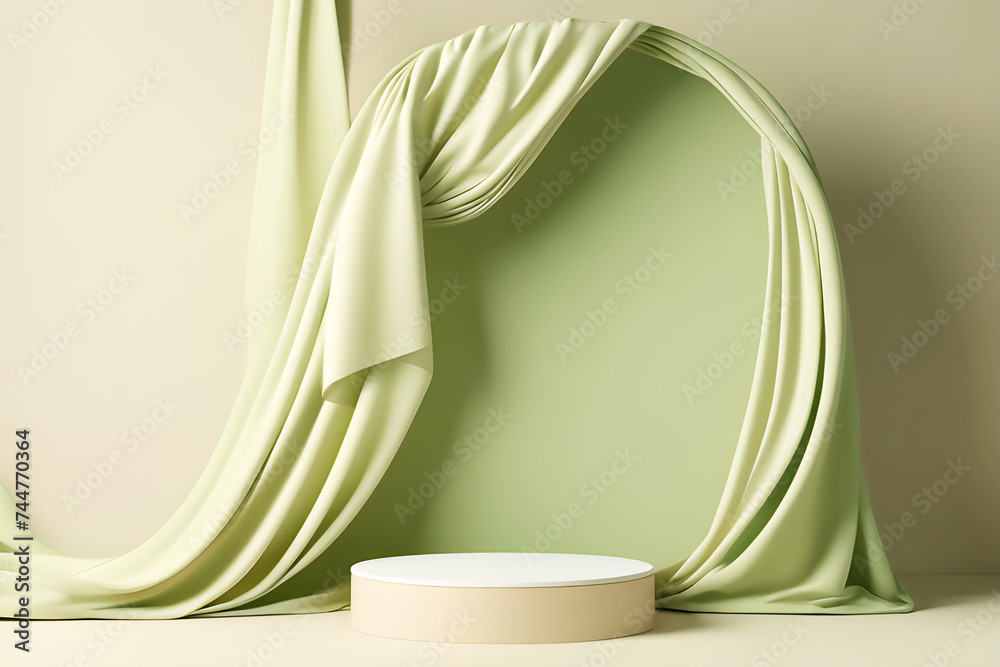 3d display podium light green background with flying silk cloth curtain 