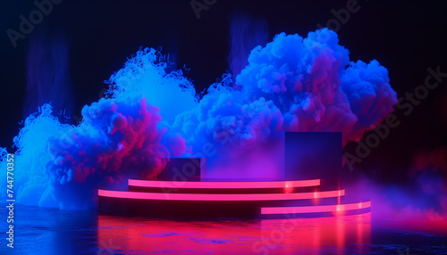 3D Round podium with purple smoke for the presentation