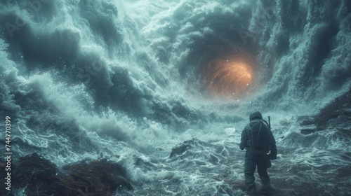  a man standing in the middle of a large body of water with a giant black hole in the middle of the ocean in the middle of the middle of the ocean.
