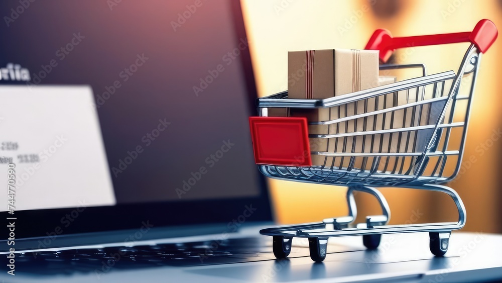 Online shopping concept. Shopping cart full of boxes on laptop.