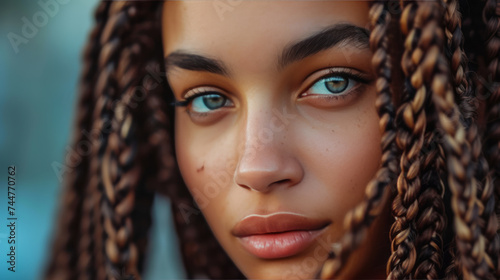 Close-up portrait of a charming young woman of mixed race with afro braids. Impeccably beautiful model with dark skin, grey eyes, freckles and ethnic hairstyle. Beauty and fashion.