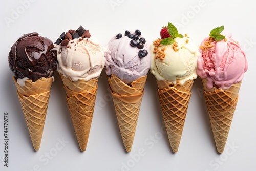 Top view Various delicious ice cream cones with Chocolate vanilla and strawberry on a white background